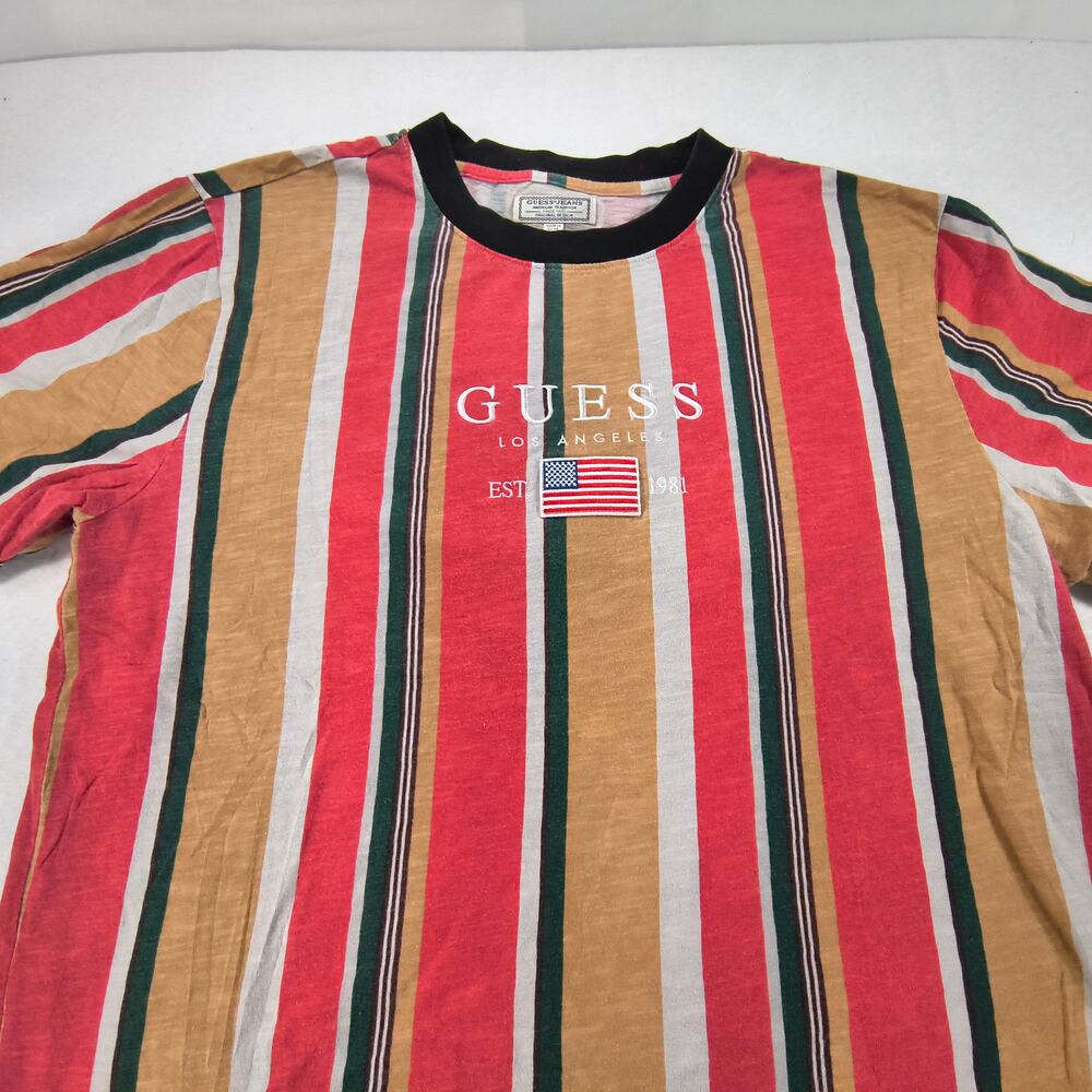 Guess Casual Striped Short Sleeve Crew Neck T Shirt Mens Size XL Red Green White - Picture 1 of 8